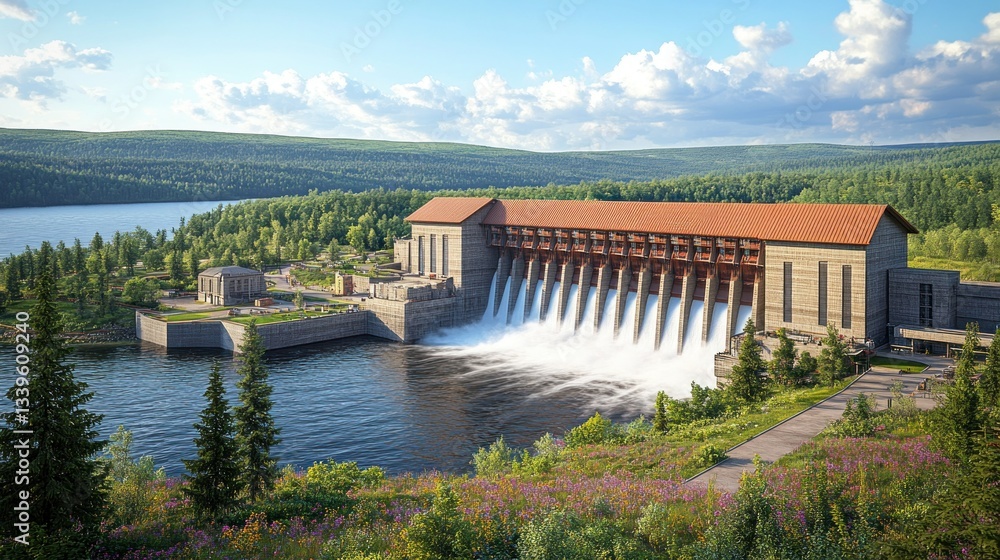 Hydroelectric dam complex in a serene landscape. Vast reservoir, powerful water flow through spillways, surrounded by forest and hills Hydroelectric dam complex in a serene landscape. Vast reservoir, powerful water flow through spillways, surrounded by forest and hills