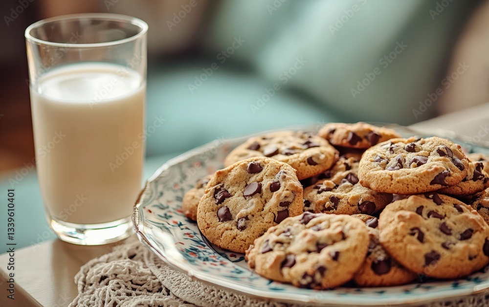 Of a platter of fresh-baked cookies with a glass of milk on a cozy kitchen table Of a platter of fresh-baked cookies with a glass of milk on a cozy kitchen table
