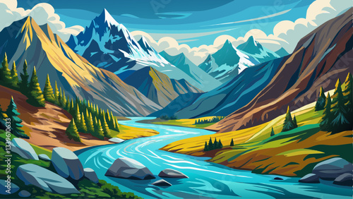 Azure river in Caucasus mountains. Spectacular summer scene of Upper Svaneti, Georgia, Europe.Beauty of nature concept background..