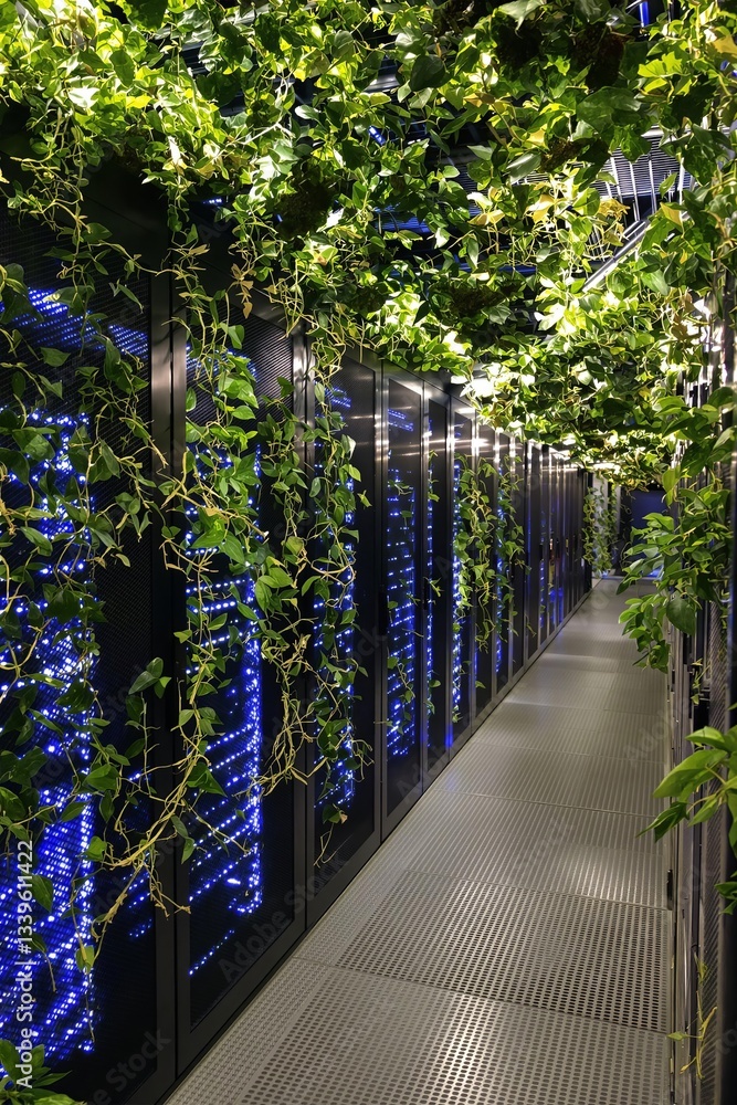 Underground data center: hanging moss, hydroponic vines, server lights. Transformed into a green garden Underground data center: hanging moss, hydroponic vines, server lights. Transformed into a green garden