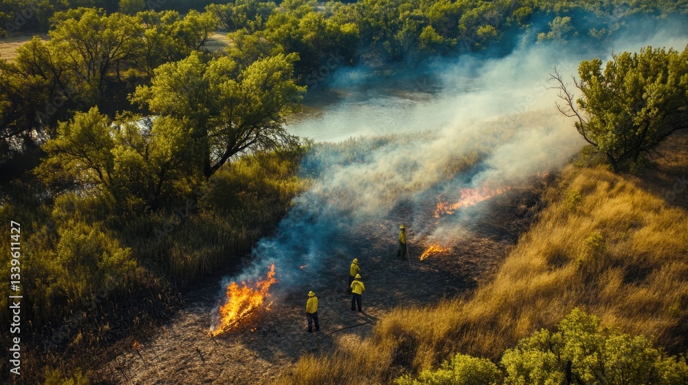 Conservationists implement firebreaks to prevent wildfires, showcasing teamwork in a dynamic aerial action shot over a burning landscape Conservationists implement firebreaks to prevent wildfires, showcasing teamwork in a dynamic aerial action shot over a burning landscape
