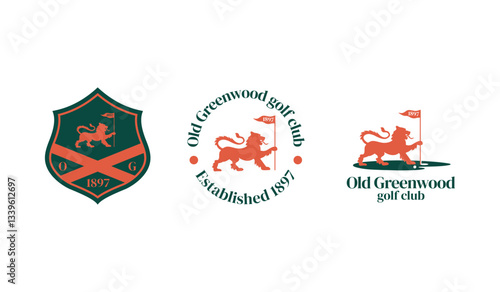 lion golf logo with flag in shield shape. Old Greenwood golf vintage logo.