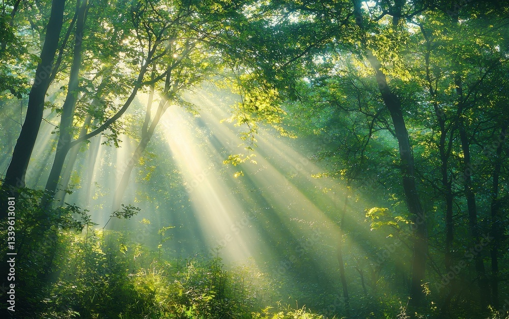 Of a sunlit forest with rays of light streaming through the tree branches Of a sunlit forest with rays of light streaming through the tree branches