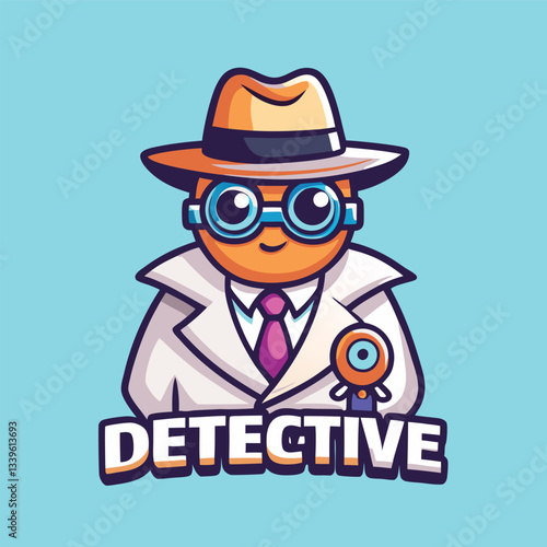 Cartoony Detective Mascot Logo Character with Magnifying Glass and Hat