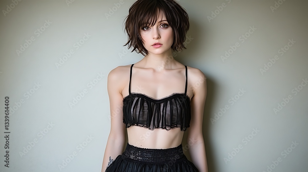 Woman poses in studio, looking at camera, solid background Woman poses in studio, looking at camera, solid background