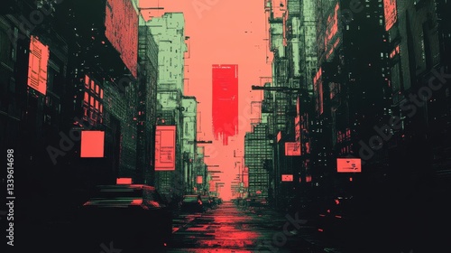 An abstract depiction of a dark city street scene