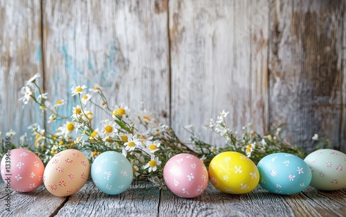 Of a vintage Easter background with distressed wooden texture and colorful eggs