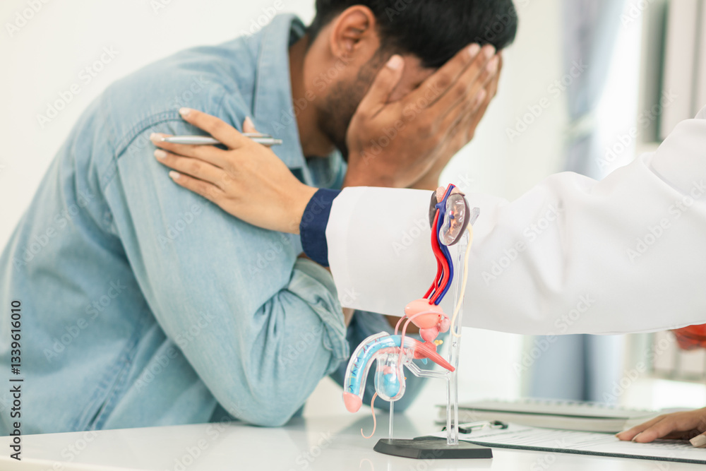 Fototapeta premium A young man suffering from erectile dysfunction seeks consultation with a specialist to identify the cause of his erectile dysfunction and seek treatment or cure for the erectile dysfunction.