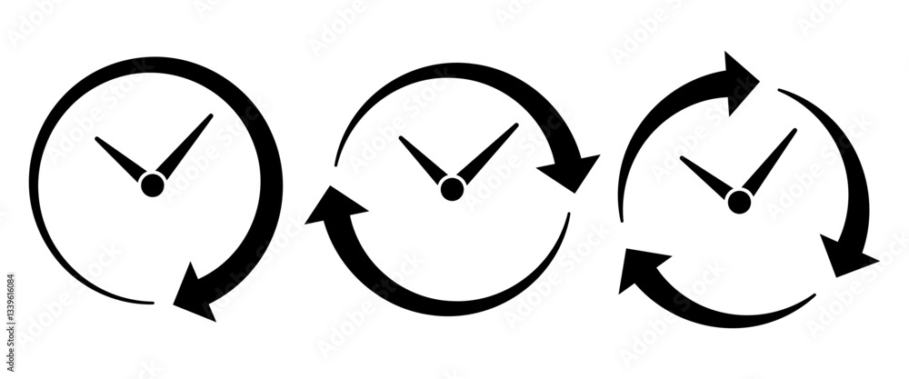 Set of three black clock icons with circular arrows, symbolizing time management, workflow, rotation, deadline, and productivity. Minimalist design for business, scheduling, and efficiency concepts. Set of three black clock icons with circular arrows, symbolizing time management, workflow, rotation, deadline, and productivity. Minimalist design for business, scheduling, and efficiency concepts.