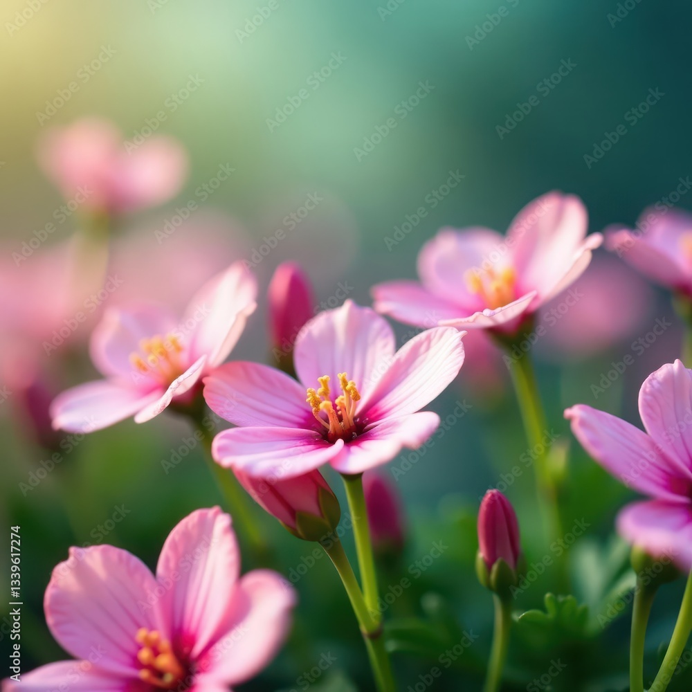 Vibrant macro shot of blossoms, bokeh effect, green stems, spring, bright colors, garden Vibrant macro shot of blossoms, bokeh effect, green stems, spring, bright colors, garden