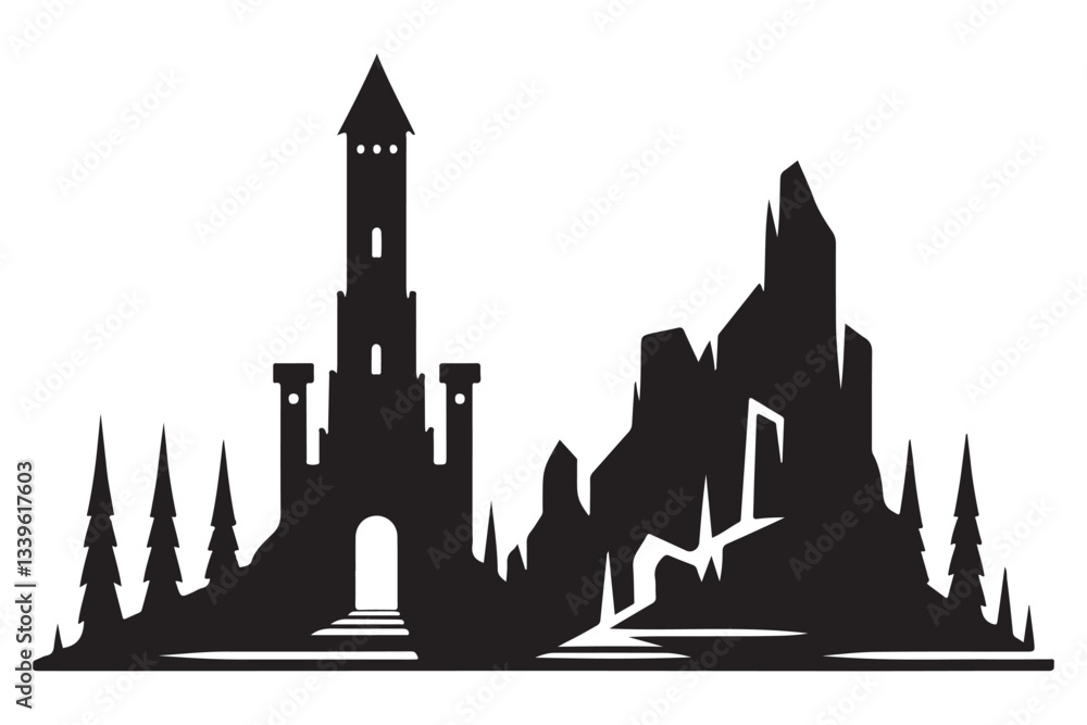 Fototapeta premium Silhouette castle with tower on hill illustration for fantasy art