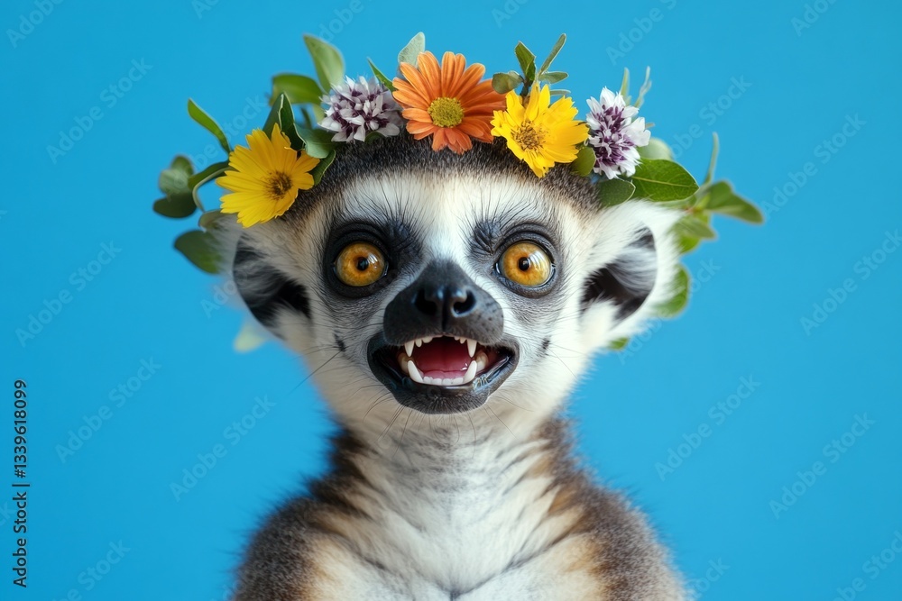 Isolated blue background, copy space, digital ads idea. Cute baby animal lemur wearing primal flower crown on its head - symbol of sunny warm season. Wild animal posing with flower crown. Isolated blue background, copy space, digital ads idea. Cute baby animal lemur wearing primal flower crown on its head - symbol of sunny warm season. Wild animal posing with flower crown.