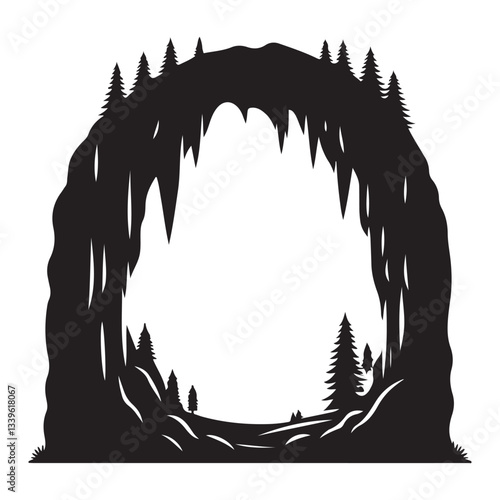 Mystical Cave Silhouette with Trees Vector Illustration