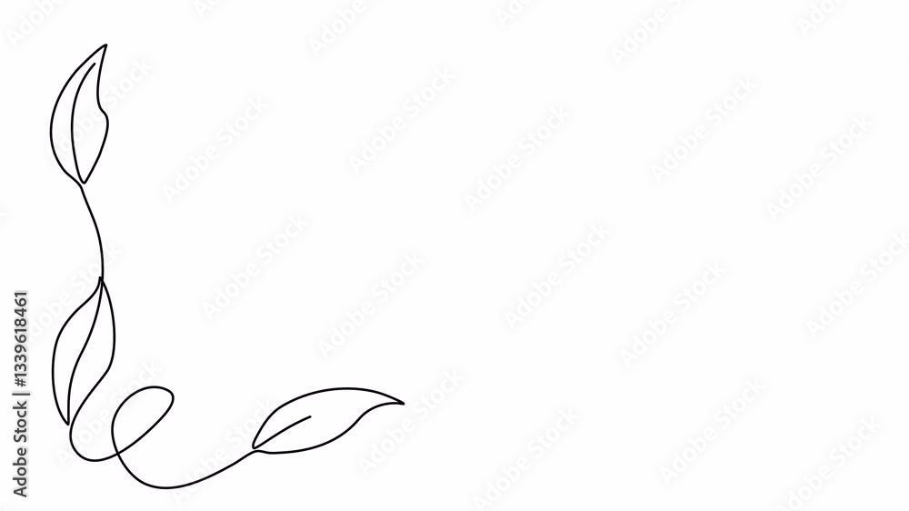 Floral corner frame, one line drawing animation. Video clip with alpha channel.