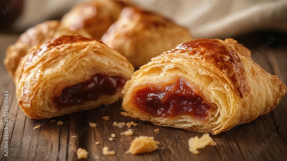 flaky golden french croissants filled with japanese sweet red bean paste anko, torn croissant revealing soft airy layers and smooth filling on rustic wooden surface with natural lighting flaky golden french croissants filled with japanese sweet red bean paste anko, torn croissant revealing soft airy layers and smooth filling on rustic wooden surface with natural lighting