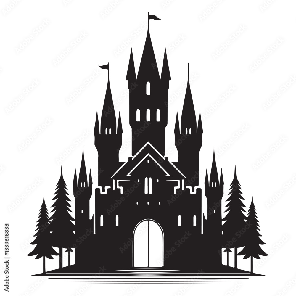 Fototapeta premium Fantasy Castle Silhouette Vector Illustration with Trees Kingdom