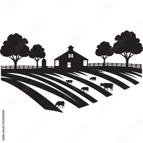 Scenic Farm Landscape Silhouette Vector with Cows Grazing in Fields