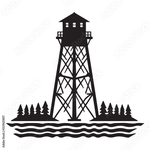 Lake Watchtower Cabin Scenic Vector Illustration Silhouette Design