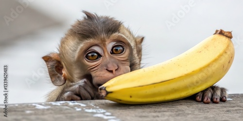 A monkey is peeking from a banana.