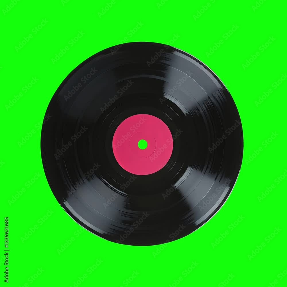 Classic black vinyl record with a pink center on a vibrant green background. Classic black vinyl record with a pink center on a vibrant green background.