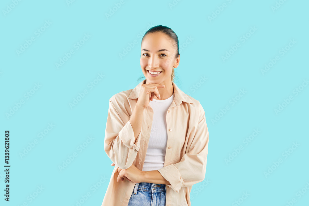 Portrait of happy young Asian woman with toothy smile in casual clothes. Beautiful female model in beige shirt standing isolated on blue background, holding hand on chin, smiling and looking at camera