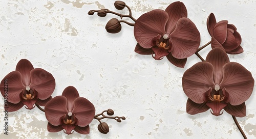 Flowers on the old white wall background, digital wall tiles or wallpaper design, cement texture background