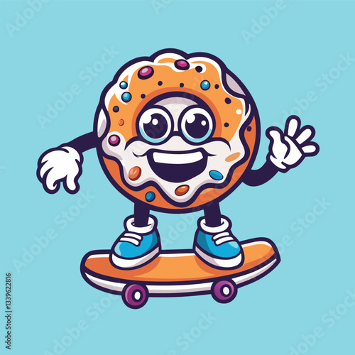 Cool Donut-Riding Skateboard Mascot Character Illustration