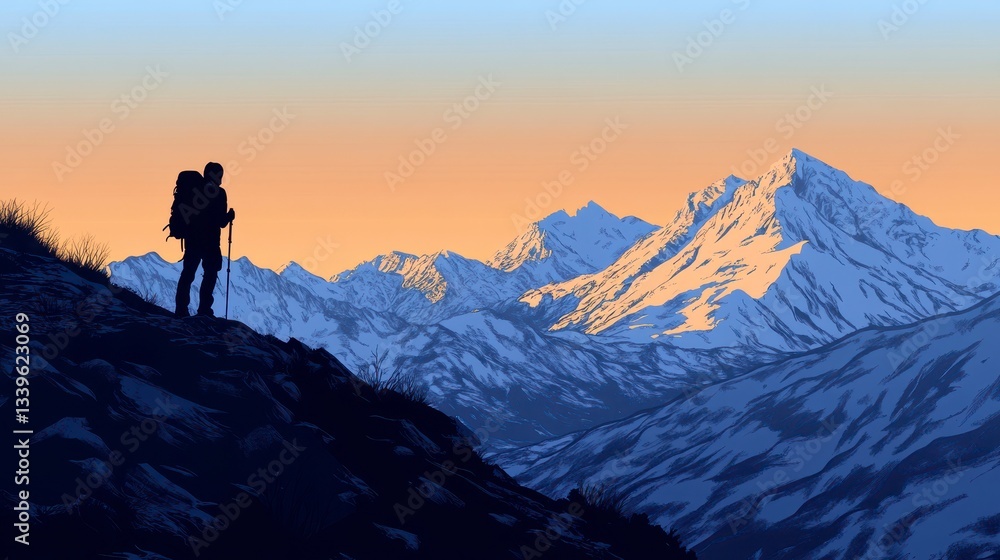 Silhouette of Hiker at Sunset with Majestic Mountain Range Silhouette of Hiker at Sunset with Majestic Mountain Range