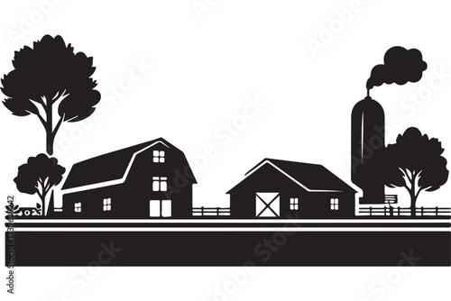 Silhouette Farm Scene Vector Illustration Rural Agriculture Landscape Design