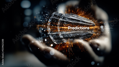 A futuristic digital mining mineral with the word "Predictions" glows as it shoots forward from an outstretched hand, surrounded by golden sparks and blurred light effects.