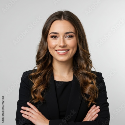 Professional headshot of young woman with long wavy brown hair warm smile and confident pose in black blazer isolated on white background