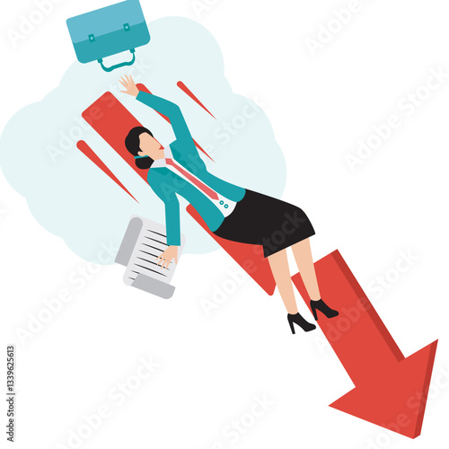 Bankruptcy concept downfall with red arrow symbol. Businesswoman falling down vector illustration stock illustration