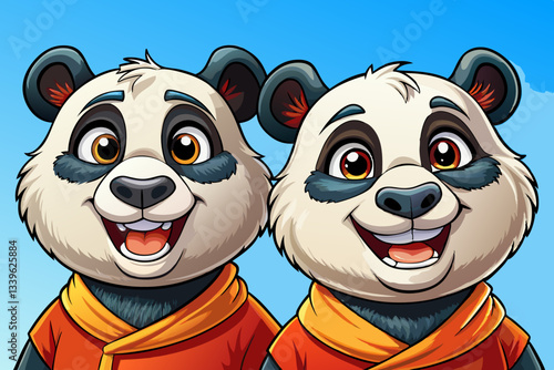 two panda portrait with fashion wear in isolated background cartoon