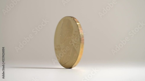 A gold coin with a man's face on it. The man is named Alfred Nobel