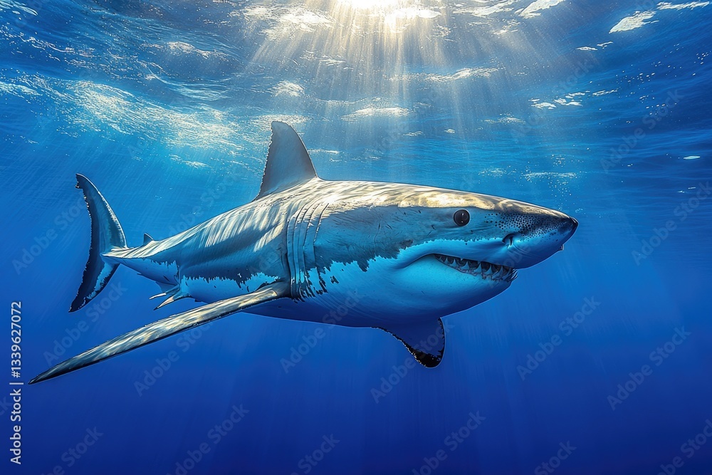 Fototapeta premium Great white shark underwater, sun rays shining. Perfect for documentaries, wildlife, ocean themes.