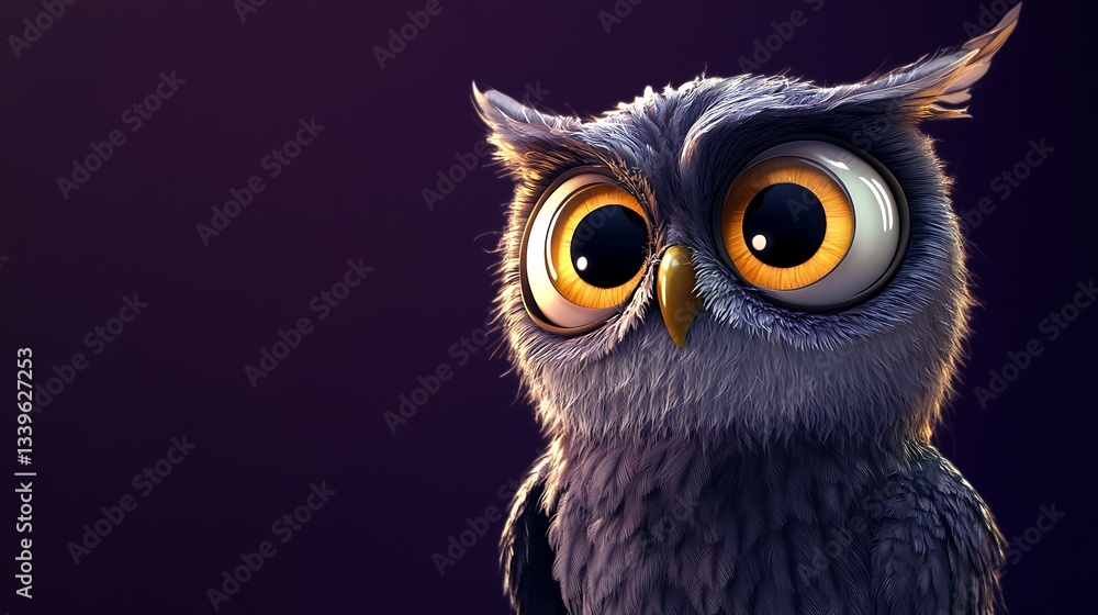 Fototapeta premium Cartoon Owl with Big Eyes Staring Thoughtfully on Dark Background