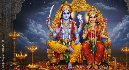 Lord Vishnu and Goddess Lakshmi Seated on a Royal Throne, Adorned with Ornaments and Surrounded by Lamps