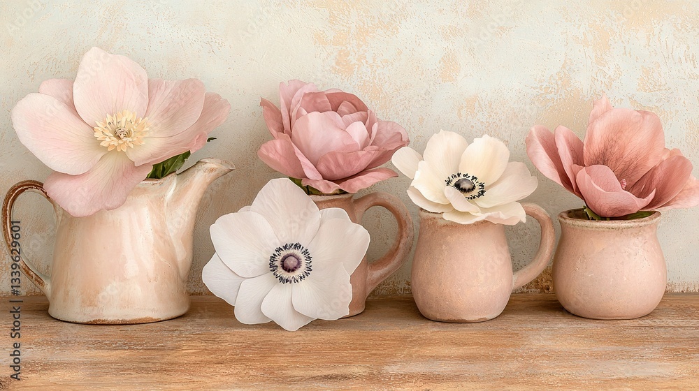 A row of vases brimming with blooms sits atop a wooden table against a wall A row of vases brimming with blooms sits atop a wooden table against a wall