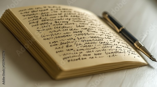 Handwritten journal, pen, desk, writing, thoughts, reflections, personal diary, creative writing, indoor setting.  Use blog, website, article