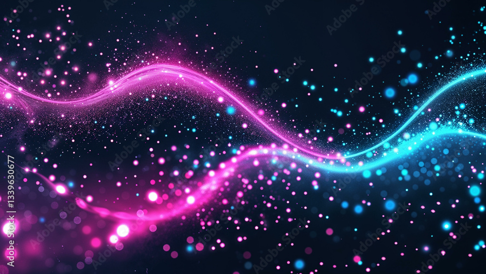 Fototapeta premium An abstract cosmic background featuring a mesmerizing wave of glowing neon pink and electric blue bokeh lights against a dark backdrop.