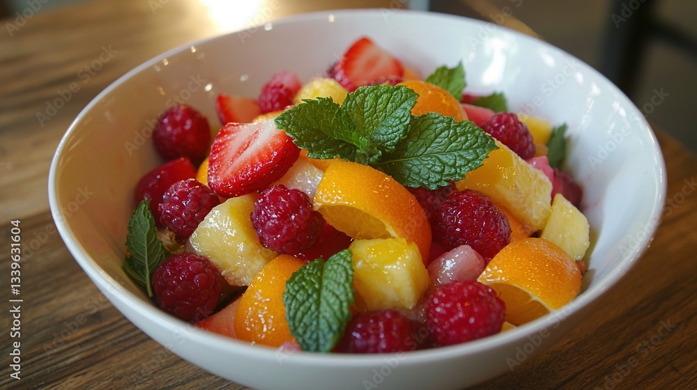 Close-up of bowl with oranges, raspberries, lemons, and mint Close-up of bowl with oranges, raspberries, lemons, and mint
