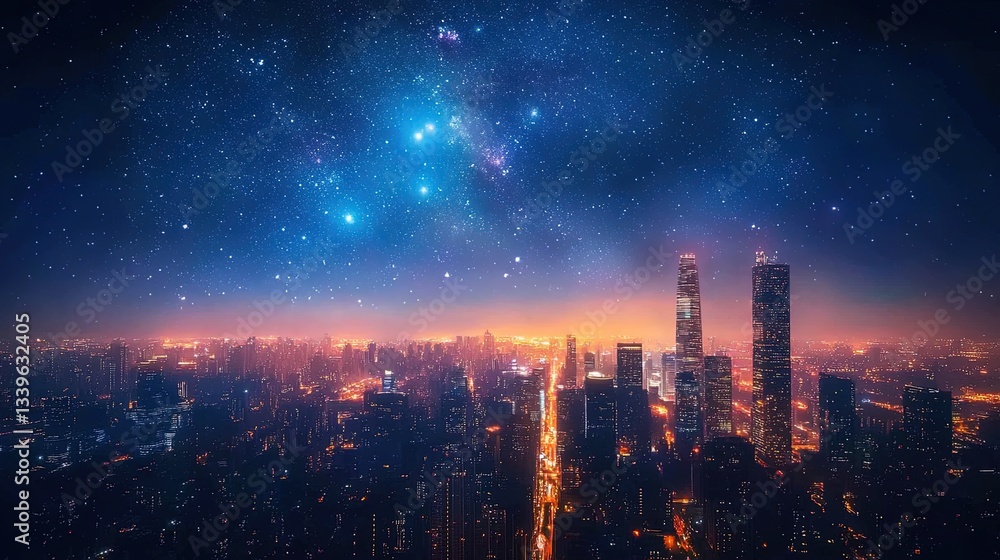 Fototapeta premium A glowing cityscape powered by renewable energy under a clear starry sky 