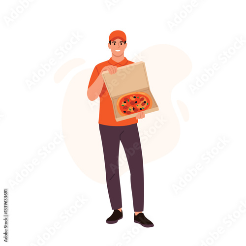 Vector illustration of pizza delivery guy. Cartoon scene of smiling handsome man dressed in orange cap, t-shirt, pants, shoes, holding a box of fresh and tasty pizza isolated on white background.