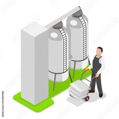 3D Isometric Flat Vector Illustration of Wheat Manufacture Process, Manufacturing Stages. Item 1