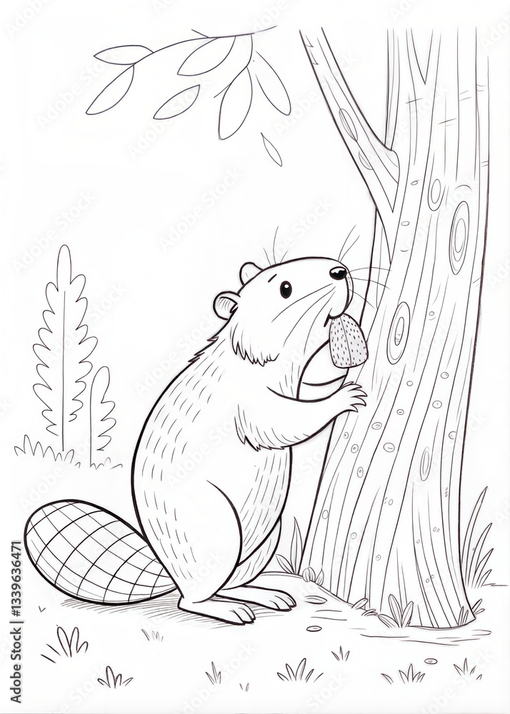 Fototapeta premium Simple Outline Beaver Gnawing Tree Trunk for Coloring Book 