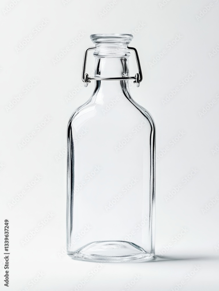 Clear Glass Swing Top Bottle on White - Empty glass bottle with swing top, symbolizing purity, simplicity, potential, storage, and freshness Clear Glass Swing Top Bottle on White - Empty glass bottle with swing top, symbolizing purity, simplicity, potential, storage, and freshness