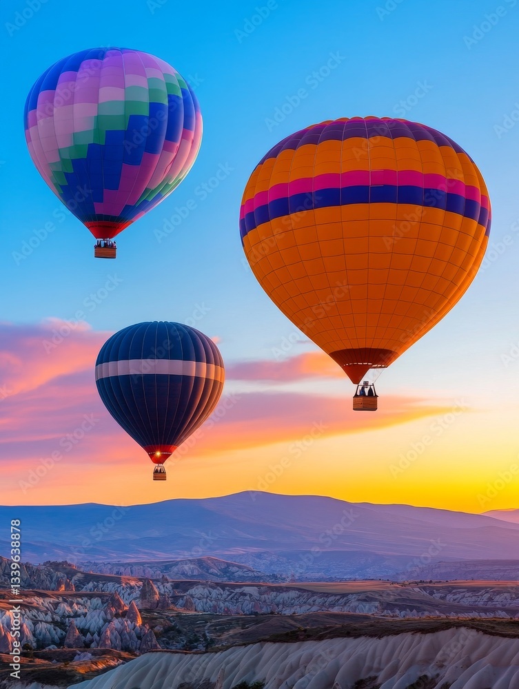 Obraz premium Colorful Hot Air Balloons at Sunrise - Three vibrant hot air balloons soar gracefully above a stunning landscape at sunrise, symbolizing adventure, freedom, exploration, serenity, and aspiration