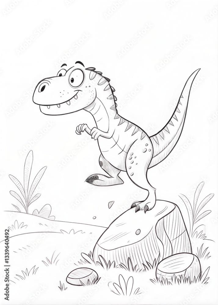 Fototapeta premium Simple Outline T-Rex Dinosaur Jumping Over Rock for Coloring Book 