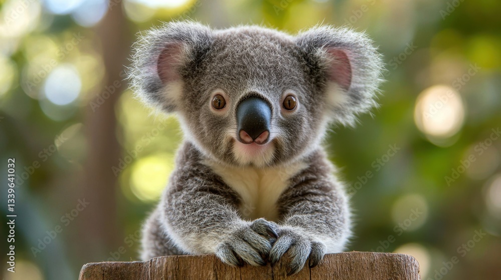 Fototapeta premium A baby koala in a rescue center sits calmly on a wooden post, showcasing its adorable features in a gentle soft-focus background
