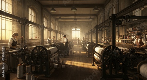 Vintage Textile Mill with Women Operating Looms in Industrial Era